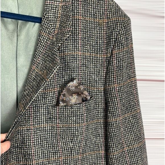 Vintage Mens Austin Grey Wool Sport Coat Houndstooth Black Tan Two Button 42R - Picture 4 of 12